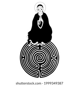 Virgin Mary on top of round spiral maze or labyrinth symbol. Female Christian saint. Black and white silhouette. Creative concept. Religion and culture. Female archetype. Mystery of woman and goddess.