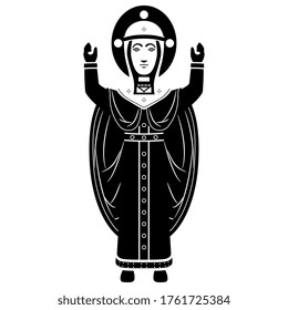 Virgin Mary Oranta. Orthodox Christian female saint. Russian medieval Christian motif. Folk style. Black and white silhouette.