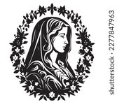 Virgin Mary, Our Lady. Hand drawn vector illustration. Black silhouette svg of Mary, laser cutting cnc.