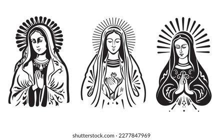Virgin Mary, Our Lady. Hand drawn vector illustration. Black silhouette svg of Mary, laser cutting cnc. svg