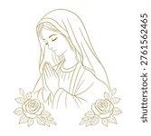 Virgin Mary praying with clasped hands and roses — elegant golden line art vector illustration. Image of Mary in a veil, with clasped hands and closed eyes in focused prayer, surrounded by roses on both sides. Gold outline on white background. Perfect graphic for religious cards, devotional materials, communion invitations and Marian materials.