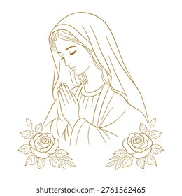 Virgin Mary praying with clasped hands and roses — elegant golden line art vector illustration. Image of Mary in a veil, with clasped hands and closed eyes in focused prayer, surrounded by roses on both sides. Gold outline on white background. Perfect graphic for religious cards, devotional materials, communion invitations and Marian materials.