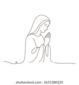 Virgem Maria orando. Vetor religioso minimalista com expressão pacífica. Símbolo cristão de devoção, fé e pureza. Ilustração vetorial de arte de linha isolada em branco.