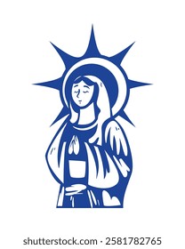 Virgin Mary with a radiant halo and hands in prayer isolated vector illustration