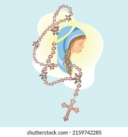 virgin mary and rosary of rose flowers. yellow halo, pale blue cape. religious illustration. catholic prayer