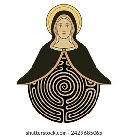 Virgin Mary and a round spiral maze or labyrinth symbol. Creative religious concept. Christian icon. Saint lady with nimbus. Isolated vector illustration.