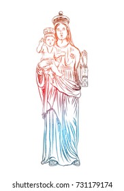 Virgin  Mary or Saint Mary or Mother of God with baby Jesus Christ in her hands. Birth of Jesus. Hand drawn illustration. Color adult flesh tattoo concept. Christmas holiday template. Vector.