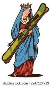 Virgin Mary ski. Virgin Mary of Guadalupe holding skis. Winter sports vintage typography silkscreen t-shirt print vector illustration.