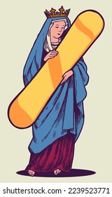 Virgin Mary with snowboard. Catholic Virgin Mary of Guadalupe holding snowboard. Winter sports and religious character isolated vector illustration.