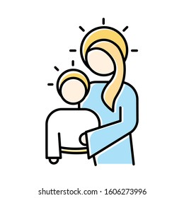 Virgin Mary with son Jesus blue color icon. Holy Mary hugging baby Christ. Christmas and childhood of Savior. Christianity and New Testament symbol. Isolated vector illustration