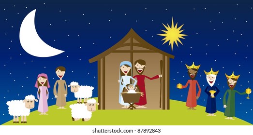 Virgin Mary, St. Joseph and Jesus with magi and pastors over landscape. vector