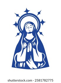 Virgin Mary with a starry aura and prayerful expression isolated vector illustration