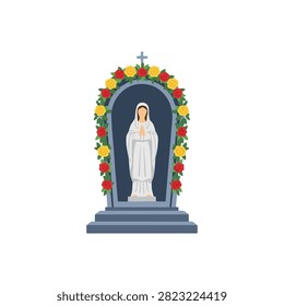 Virgin Mary Statue inside a Stone Grotto Decorated with Rose Flower Garland and Cross Illustration