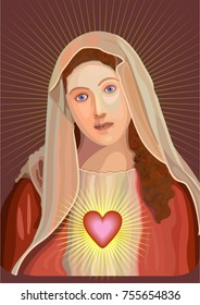 Virgin Mary, stylized portrait, with the symbol of her immaculate heart, surrounded by rays of light, on a dark background