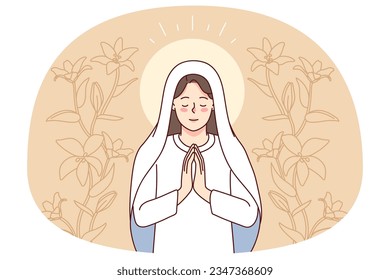 Virgin Mary surrounded by lilies praying. Mother of Jesus Christ in prayer. Faith and religion. Vector illustration.