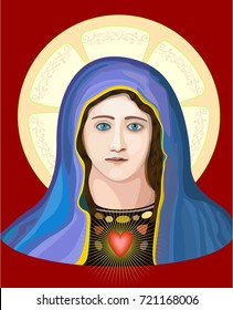 Virgin Mary, with the symbol of her heart, surrounded by rays, on a dark red background