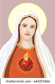 Virgin Mary with the symbol of her Immaculate Heart, Crown of Thorns and Flames, on a grey background