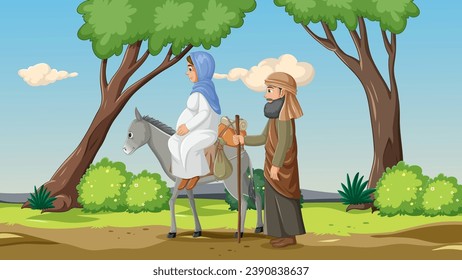 Virgin Mary travels by donkey while Joseph walks on foot in the Nativity of Jesus story