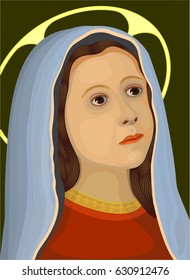 Virgin Mary as a young girl, wearing a red dress and a light blue veil, on a dark background