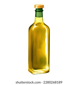 Virgin Olive Oil in Glass Bottle Isolated Hand Drawn Painting Illustration