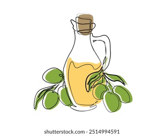 Virgin olive oil in the glass bottle line art drawing vector illustration. continuous line draw of olives with the leaves and bottle doodle line art. 