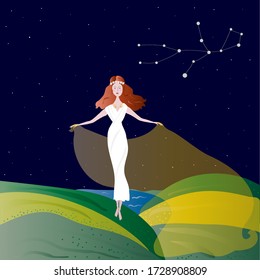 Virgin stands оn the meadow under the starry sky. Constellation virgo. Zodiac.