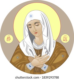 The Virgin of Tenderness. Inscriptions in Early Cyrillic alphabet: "Mother of God", "Jesus Christ". Vector Icon.