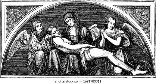 The Virgin and Two Angels Weeping over the Dead Body of Christ are painting by Francesco Raibolini, vintage engraving.