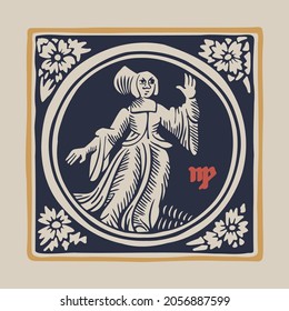 Virgin zodiac medieval-style illustration. Dim colored square emblem perfect for T-shirts, retro manuscripts, and invitations.