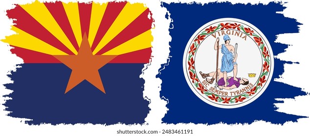 Virginia and Arizona states grunge brush flags connection, vector