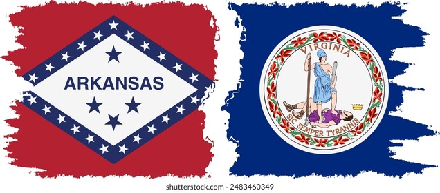 Virginia and Arkansas states grunge brush flags connection, vector