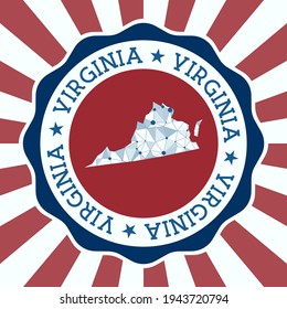 Virginia Badge. Round logo of US state with triangular mesh map and radial rays. EPS10 Vector.