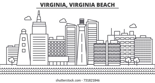 Virginia, Virginia Beach architecture line skyline illustration. Linear vector cityscape with famous landmarks, city sights, design icons. Landscape wtih editable strokes