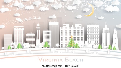 Virginia Beach Virginia City Skyline in Paper Cut Style with Snowflakes, Moon and Neon Garland. Vector Illustration. Christmas and New Year Concept. Santa Claus on Sleigh.