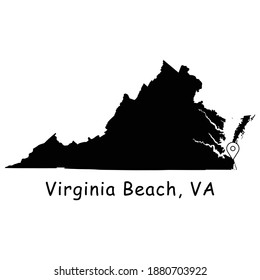 Virginia Beach on Virginia State Map. Detailed VA State Map with Location Pin on Virginia Beach City. Black silhouette vector map isolated on white background.