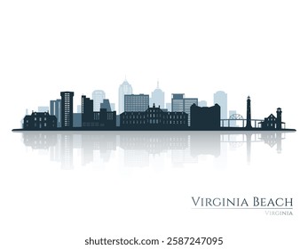 Virginia Beach skyline silhouette with reflection. Landscape Virginia Beach, Virginia. Vector illustration.