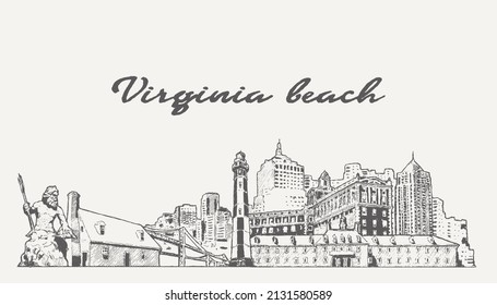 Virginia Beach skyline, Virginia, USA, hand drawn vector illustration, sketch