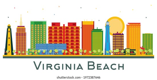 Virginia Beach USA City Skyline with Color Buildings Isolated on White. Vector Illustration. Business Travel and Tourism Concept with Historic Architecture. Virginia Beach Cityscape with Landmarks.