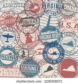 Virginia Beach, VA, USA Set de sellos. Sello de viaje. Fabricado En Producto. El Diseño Marca La Insignia De Estilo Antiguo.