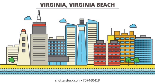 Virginia, Virginia Beach.City skyline: architecture, buildings, streets, silhouette, landscape, panorama, landmarks, icons. Editable strokes. Flat design line vector illustration concept.