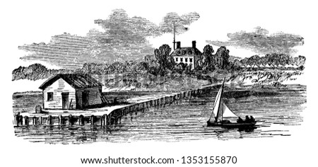 Virginia and Berkeley where a group of 38 English settlers arrived at Berkeley Hundred about eight thousand on the north bank of the James River, vintage line drawing or engraving illustration.