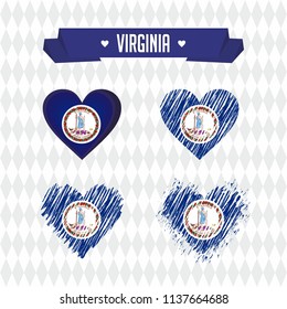 Virginia. Collection of four vector hearts with flag. Heart silhouette