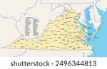 Virginia counties and cities, political map. Commonwealth of Virginia, a state in the Southeastern and Mid-Atlantic regions of the United States, subdivided into 95 counties and 38 independent cities.