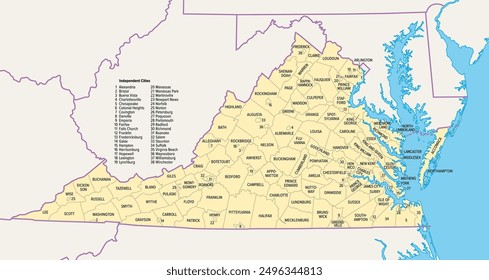 Virginia counties and cities, political map. Commonwealth of Virginia, a state in the Southeastern and Mid-Atlantic regions of the United States, subdivided into 95 counties and 38 independent cities.