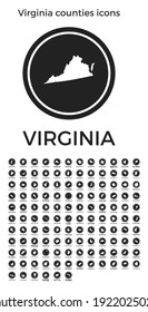 Virginia counties icons. Black round logos with US state counties maps and titles. Vector illustration.