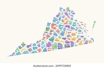 Virginia counties word cloud. State logo design. Counties typography style vector image. Virginia colored text cloud. Awesome vector illustration.