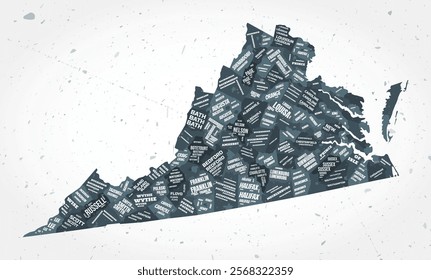 Virginia counties word clouds. State shape on textured background. Virginia design in typographic style. Stylish vector illustration.