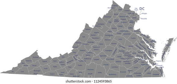 Virginia county map vector outline with counties names labeled in gray background