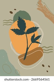 Virginia creeper background for branding, packaging, or invitations. Perfect for posters, cards, or covers with abstract botanical shapes in earthy green, orange, and brown with a minimal vibe.