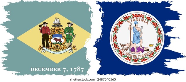 Virginia and Delaware states grunge brush flags connection, vector